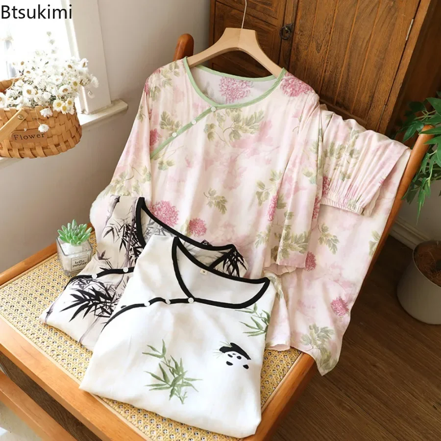 2026 Summer Women's Pajamas 2 Pcs Set Chinese Ancient Style Women Sleepwear Home Suit Short Sleeved Shorts Round Neck Pijamas