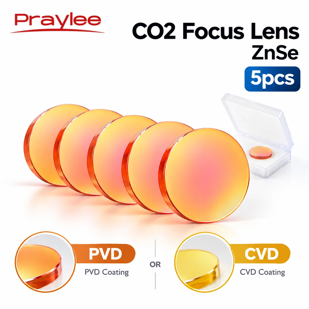 5pcs Praylee PVD CVD ZnSe CO2 Laser Focus Lens DIA 12/18/20/25mm 38.1/50.8/63.5/101.6mm for 0-200W CO2 Laser Engraving Cutting