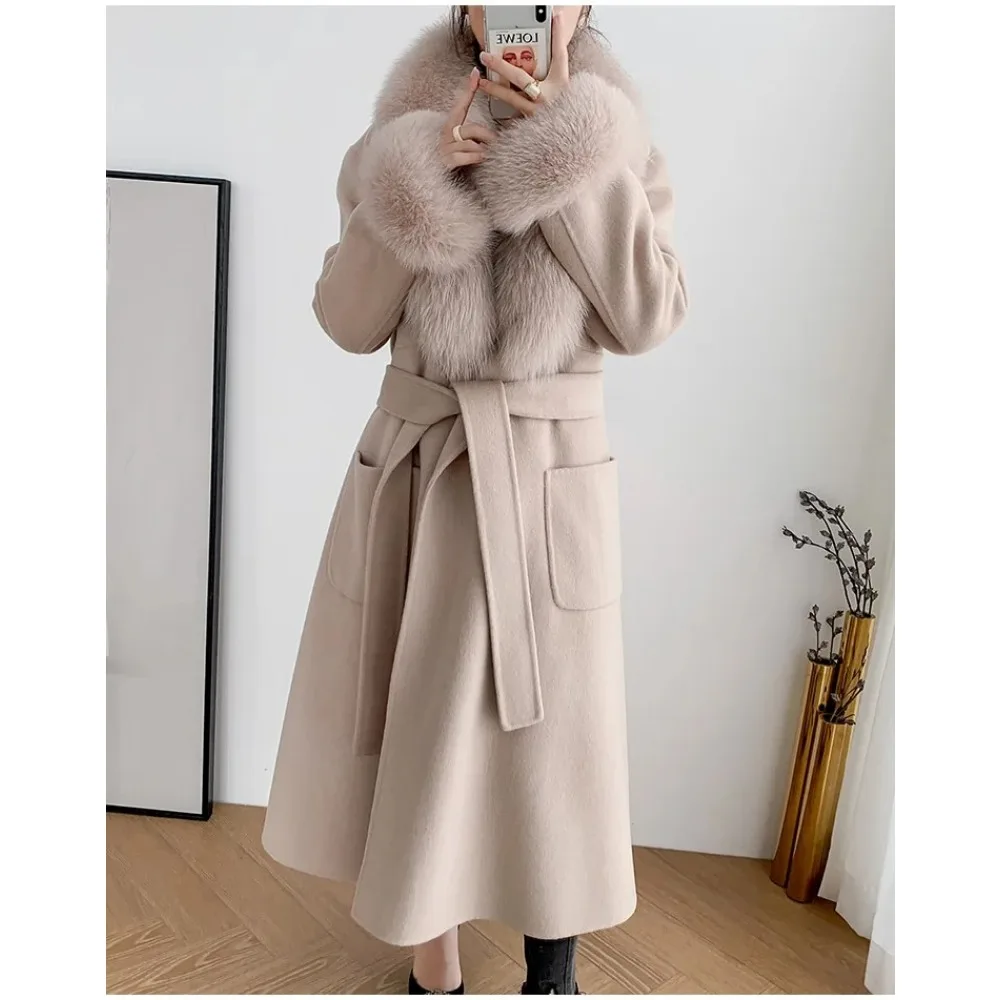 Cashmere Wool coat 2024 Autumn-Winter Women\'s Fox Fur Coat Large fur collar long skirt slim long jacket High Street