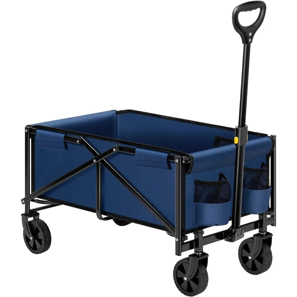 Collapsible Folding Wagon, Outdoor Utility with All-Terrain Wheels, Adjustable Handle, Cup Holders & Side Pockets, for Camping