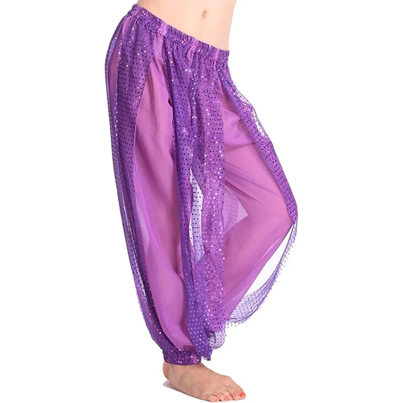 Pantalon sarouel de danse du ventre en mousseline de soie, lanterne arabe d'halloween, paillettes brillaur femmes dansantes