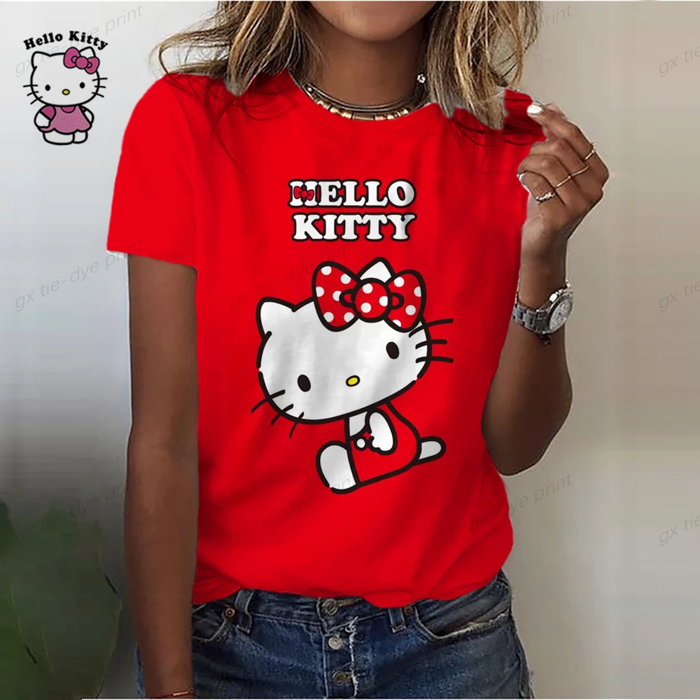 2023 Summer Cute Ladies T-Shirt 3D Printing Sexy Hello Kitty Cartoon T-Shirt Ladies Top Funny Clothing Round Neck Short Sleeve