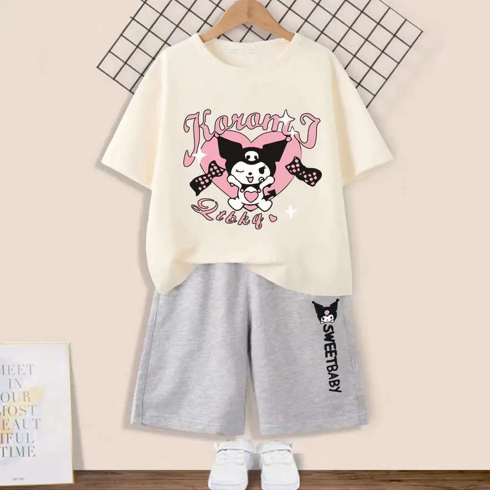 Sanrios Kawaii Anime Kuromi Cute Cartoon Kids Summer Cotton Short Sleeve T-Shirt Shorts Casual Sportswear Set Birthday Gift