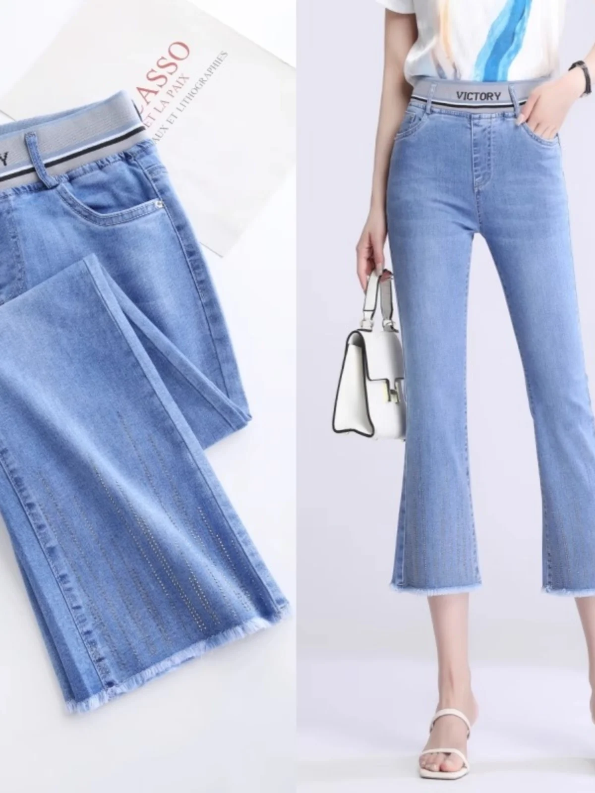 

Джинсы-колокольчики с высокой талией, женские размеры, весна-осень, эластичные утягивающие брюки с девятью точками и бриллиантами, летние тонкие джинсовые брюки