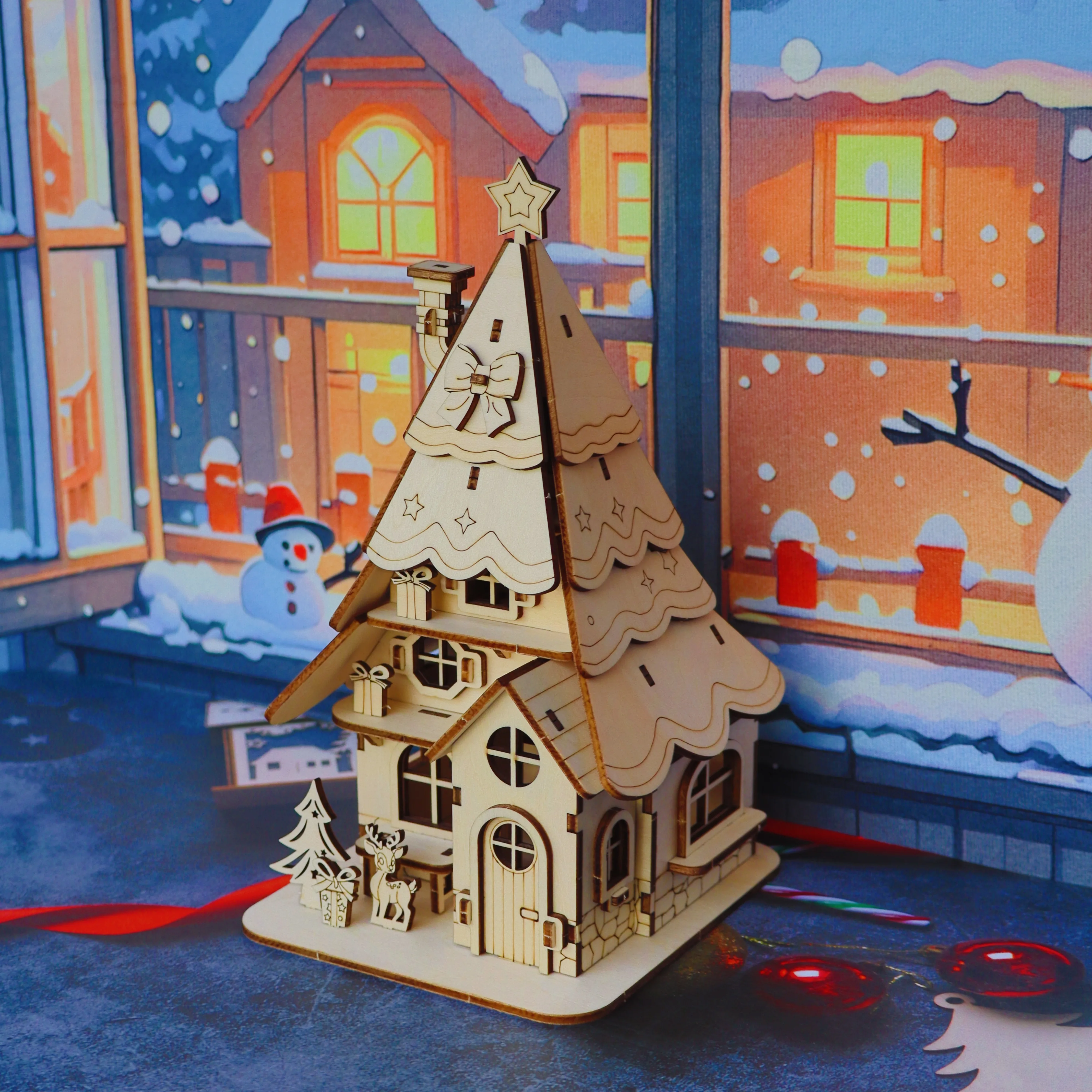 Casa di Natale con puzzle in legno, modello di simulazione stereo 3D, decorazione natalizia da fiaba, giocattolo compagno genitore-figlio, fatto a mano