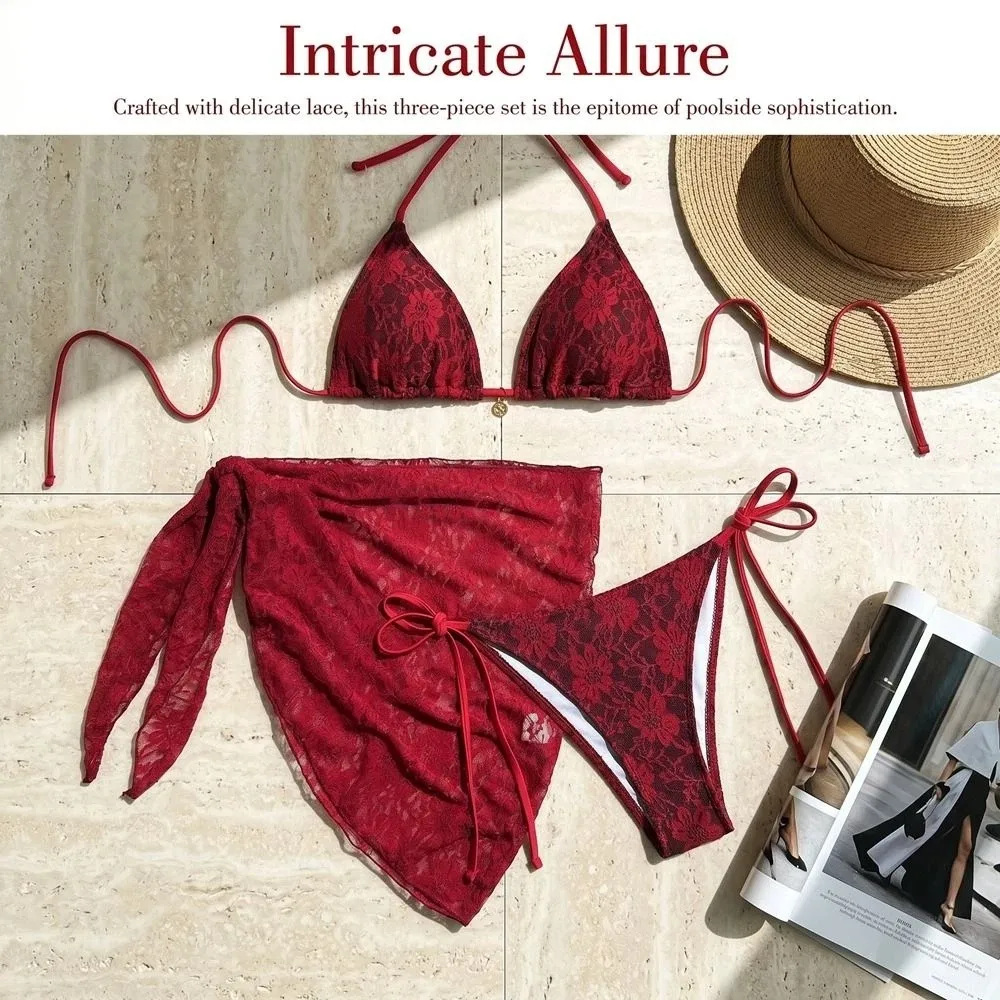 Fashion Halter Sexy Brazilian Bikini Set Mesh Cover Skirt Three-Piece Swimwear Nylon Red Lace Bikinis Holiday Wear