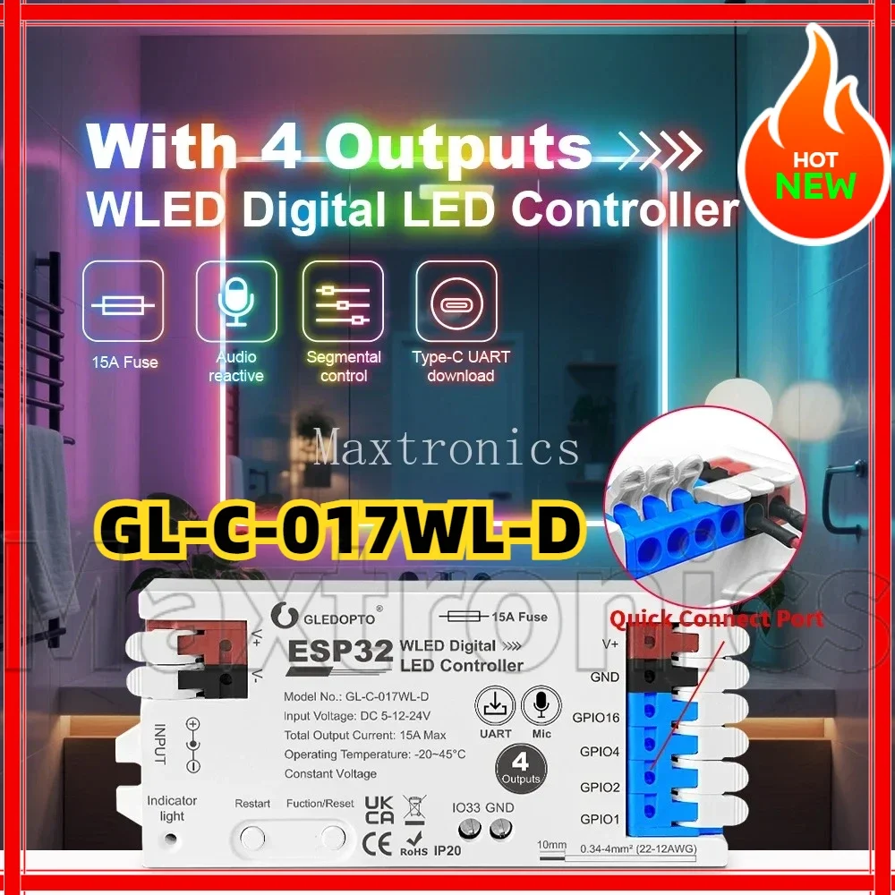 

GL-C-017WL-D GLEDOPTO ESP32 WLED цифровой светодиодный контроллер DIY динамический рабочий микрофон функция Type-C TI levelShifter IC светодиодная лента