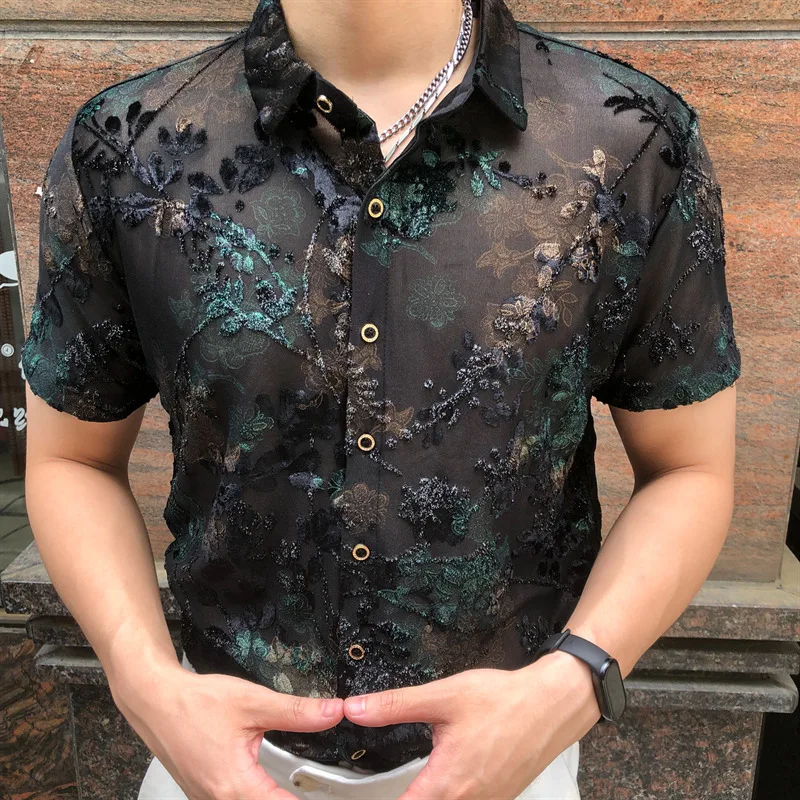 Gold Velvet Floral Jacquard Short Sleeved Base Shirt Sexy Lace Shirt For Male See Through Mesh Shirt Club Party Prom Chemise