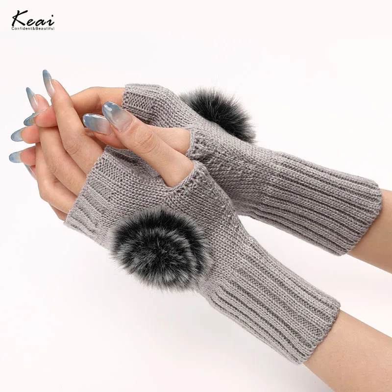 Winter Fluffy Ball Fingerless Knitted Gloves Women Warmer Fashion Soft High Elasticity Short Mitt Casual Girls Crochet Glove