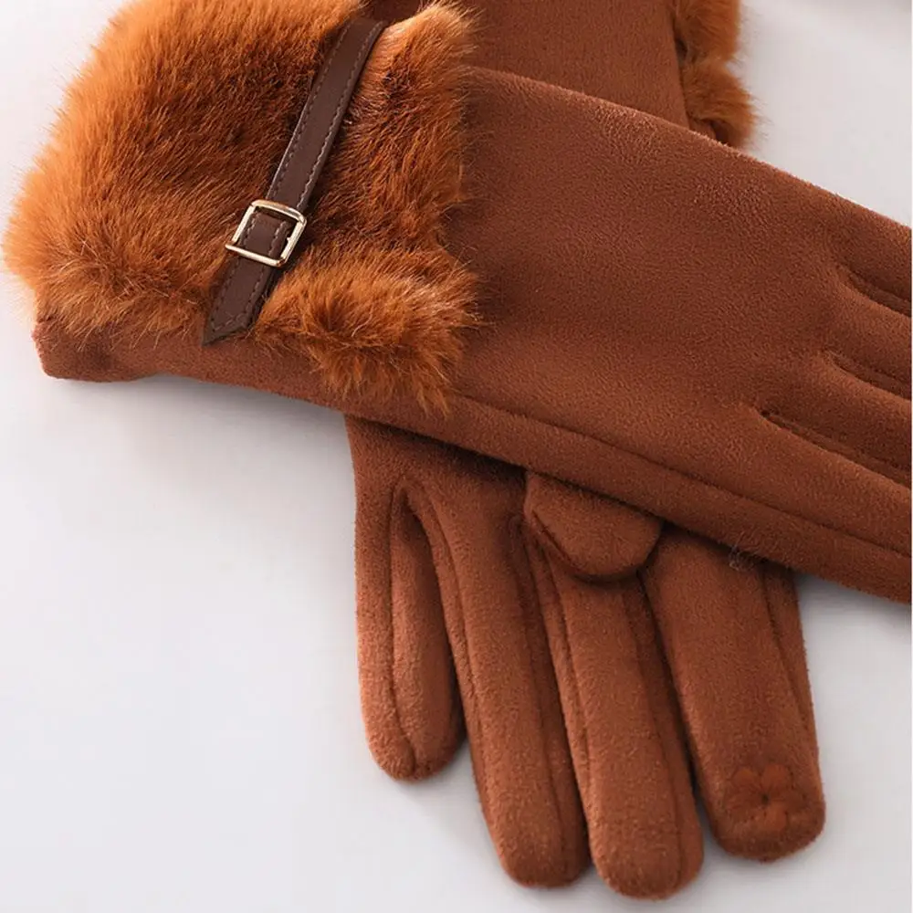 

Touchscreen Compatible Outdoor Driving Cycling Mittens Five Fingers Windproof Gloves Thermal Gloves Suede Gloves With Fur Cuffs