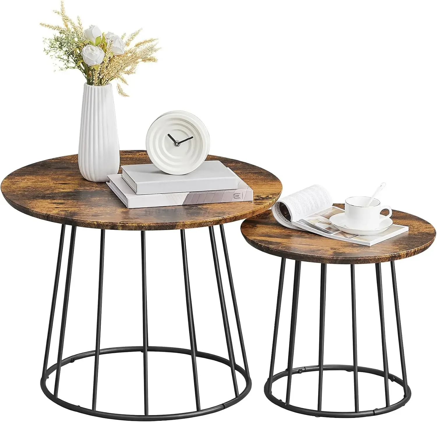 

Round Coffee Tables, Set of 2, Modern Circle Side Tables with Steel Frame, for Living Room, Bedroom, Rustic Brown ULCT045K01