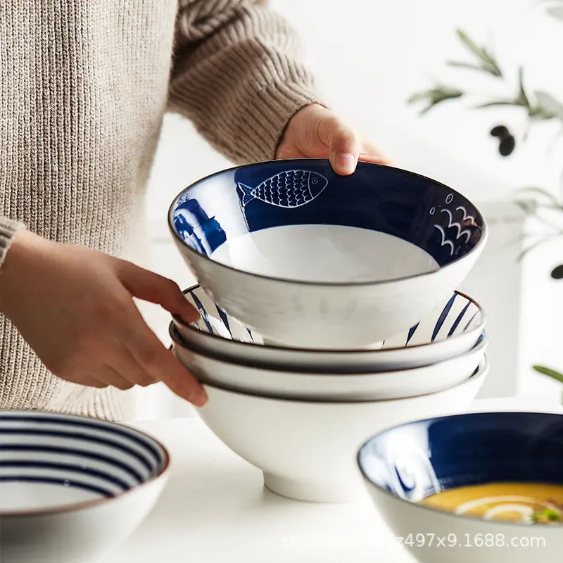 Cuenco grande de sopa de fideos de cerámica japonesa, cuenco de arroz para fideos de ternera para el hogar, vajilla Retro para ensalada de frutas, cocina, restaurante