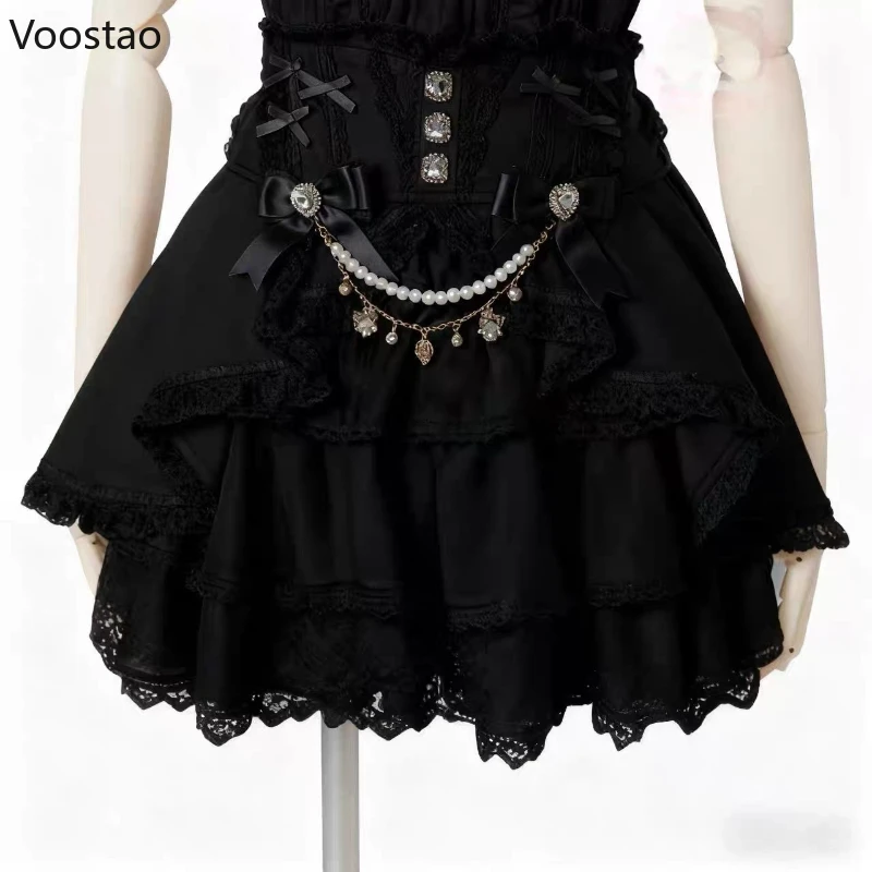 Mini jupe gâteau Style Lolita japonais Kawaii pour femmes, douce et élégante, avec nœud en diamant, chaîne de perles, jupe courte gothique Y2k pour filles