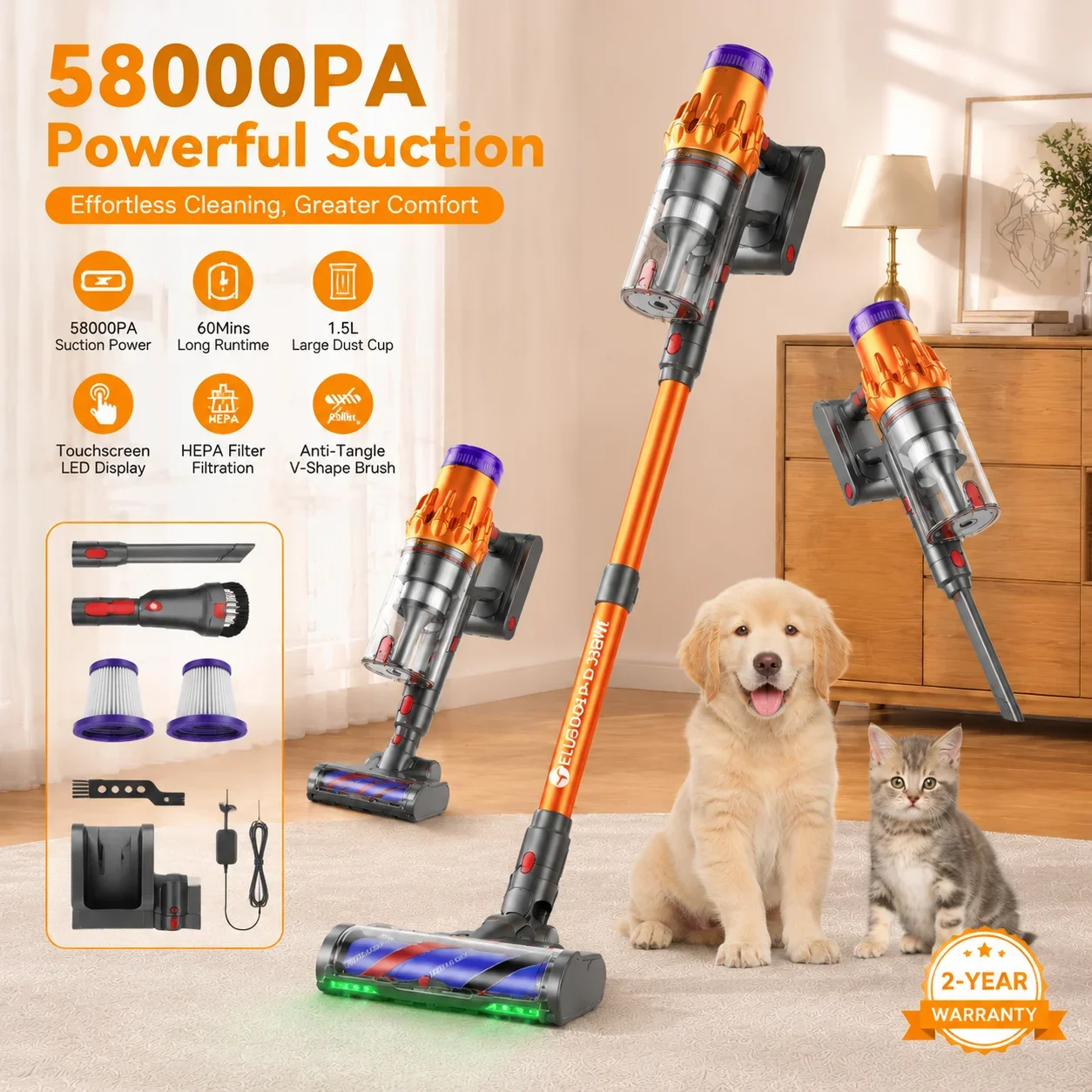 E.LUO Cordless Vacuum Cleaner, 600W High Power Motor & 58KPa Strong Suction, 60-Min Runtime Stick Vacuum with Powerful Cleaning Performance for Pet Hair, Carpet, Hardwood Floor and Home