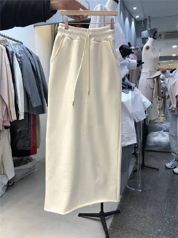 Drawstring Split Midi Skirts Women Aesthetic Solid Color Autumn Spring Outfits High Waist Party Long Skirt Female Pencil Skirts