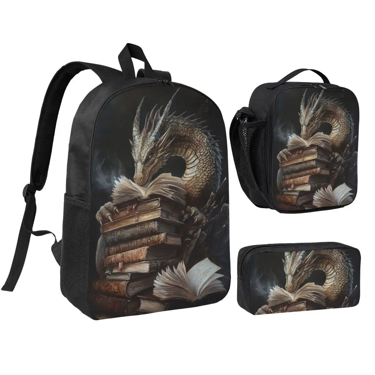 Black Dragon On Books Vintage Backpack Student BookBag School Bag Shoulder Bags 3ps Insulated Lunch Bag Pencil Case