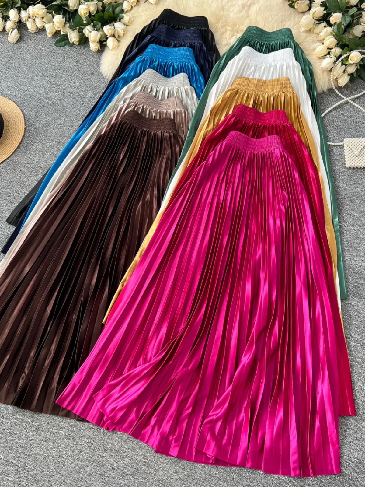 Ele Metal Color Pleated Midi Skirt Women's Faionable Autumn Winter New Sle Elastic Waist A-Line Skirt Commute Ready