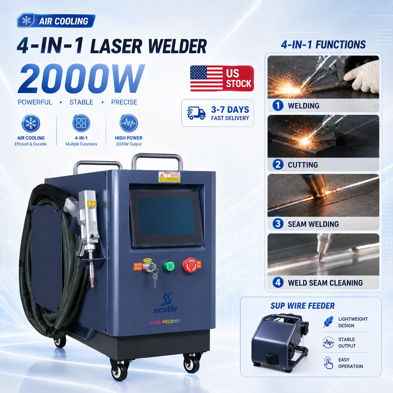 2000W 4 IN 1 Fiber Laser Welder Lightweight Air Cooling Welding Cleaning Cutting Machine Upgrade SUP 28F Weld Gun for Carbon Steel Alloy