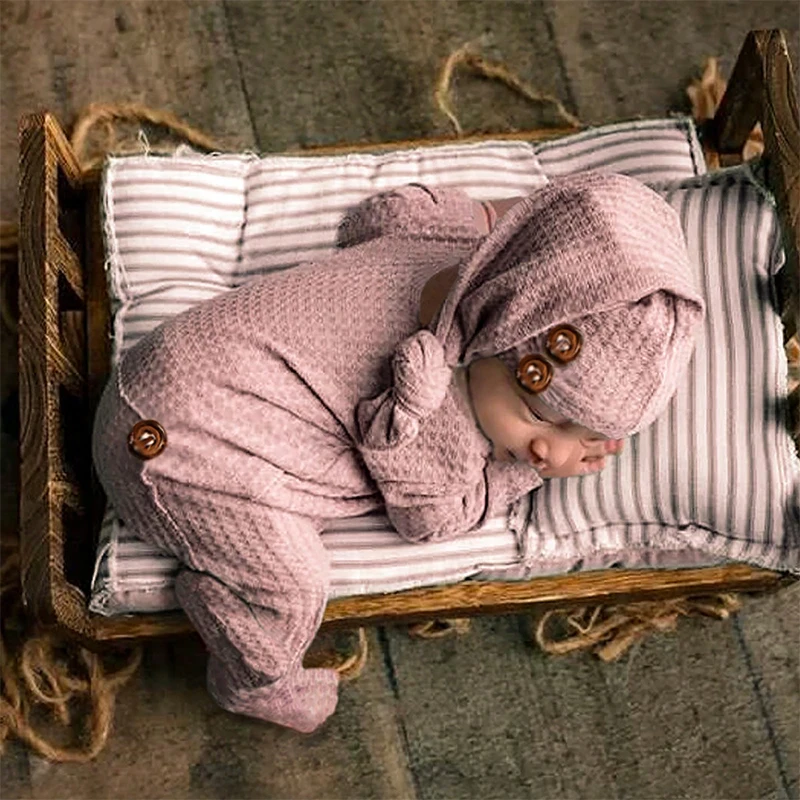 Ylsteed Dusty Pink Newborn Photography Footed Jumpsuit with Sleepy Hat Photo Props Knitted Buttons Patchwork Bodysuit Overalls