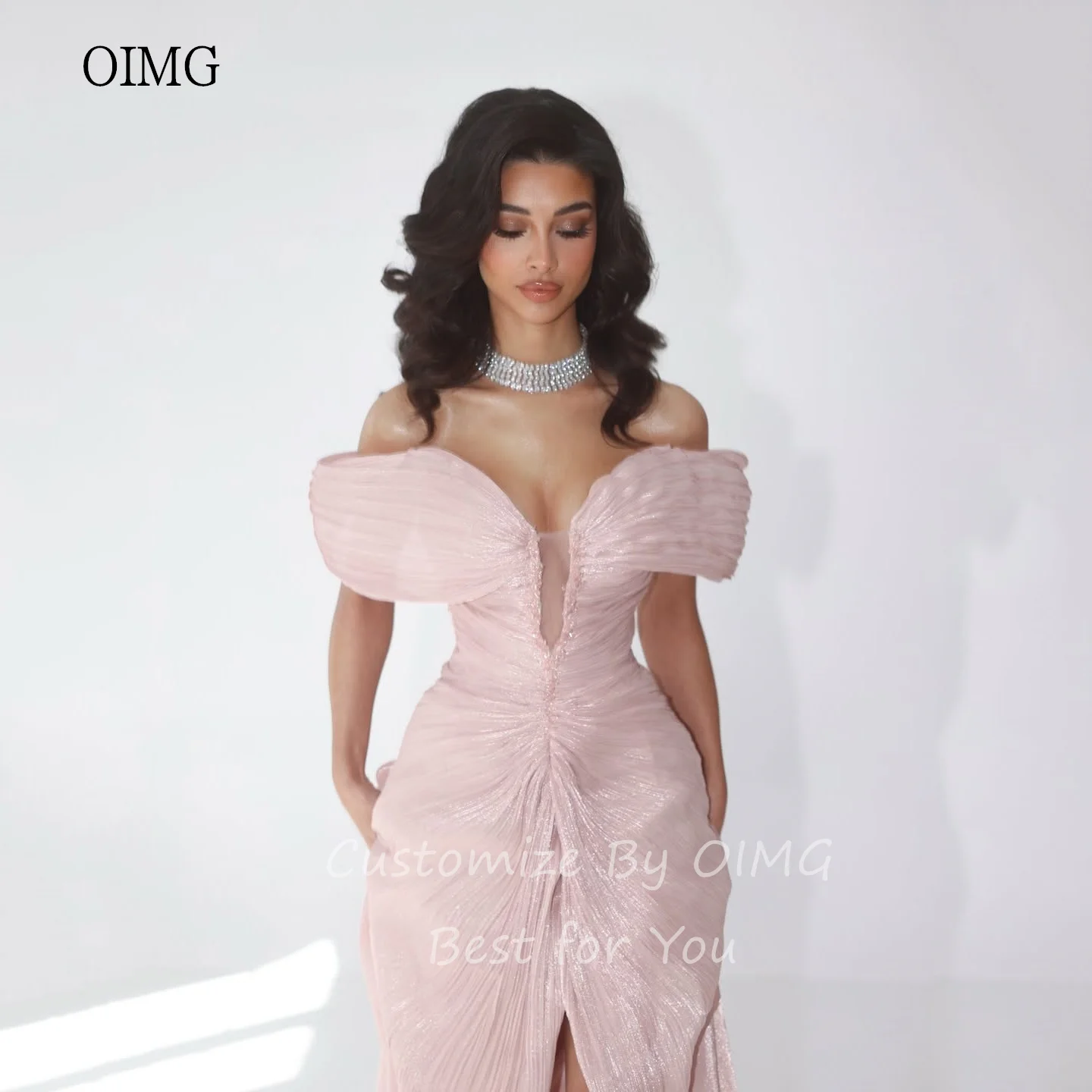OIMG Chic Pink Off The Shoulder Mermaid Prom Gowns Backless Shimmery Party Gown Side Slit Evening Dress Customized - Image 2