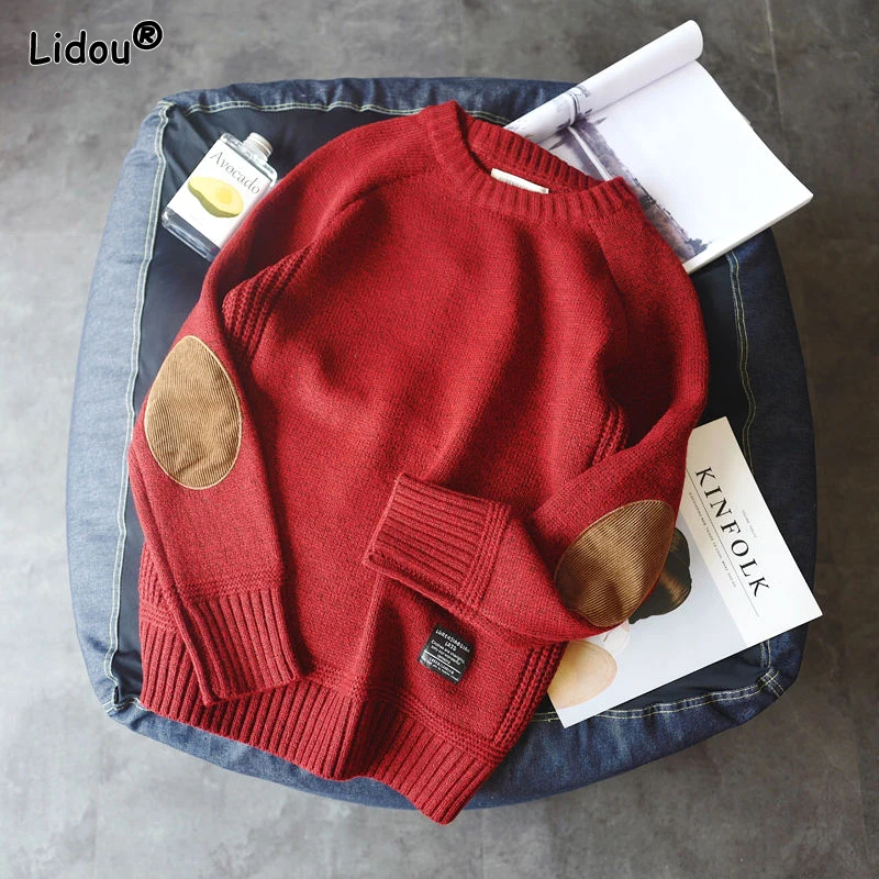 

2023 New Autumn and Winter Retro Casual Round Neck Pullover Patch Patchwork with Contrasting Colors and Thickened Knit Sweater