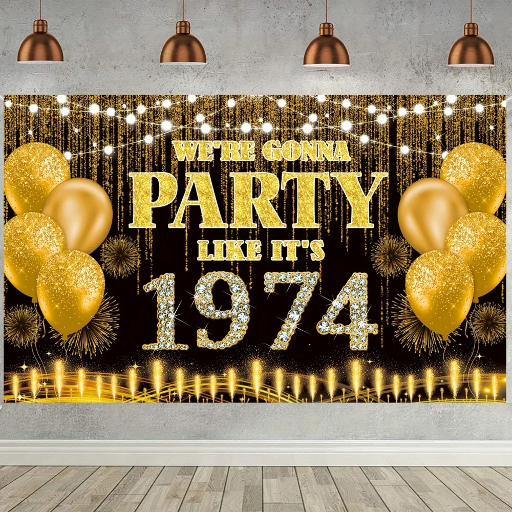 Vintage 1974 Black and Gold Banner - 50th Birthday Party Decorations, Garden Event Backdrop, Classic 1974 Party Supplies