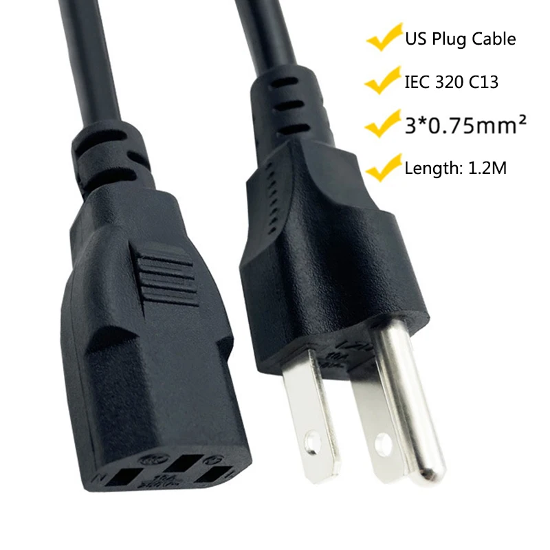 USA Power Supply Cable 1.2m 3 Prong NEMA 5-15P IEC C13 Power Extension Cord For PC Computer Monitor Printer LG TV Projector