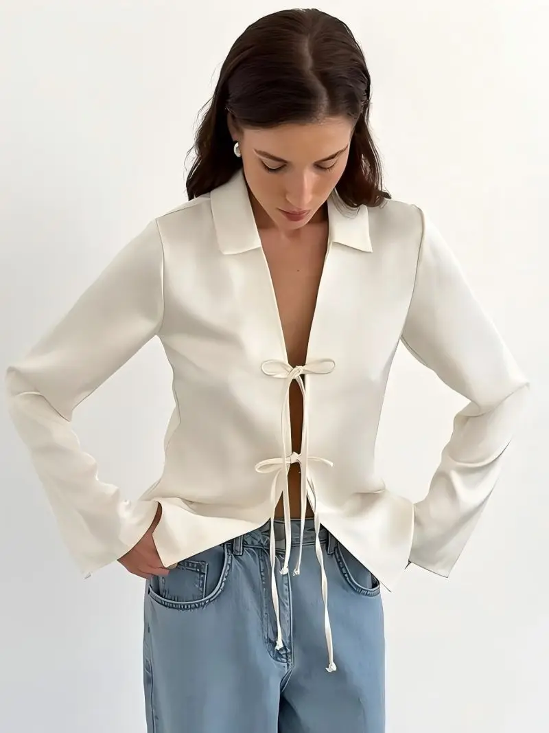 

CGC 2024 Fashion Casual Blouses Woman Simple Solid Street Shirts Spring Autumn Long Sleeves Female Top Bow Buttons Ladies Blouse