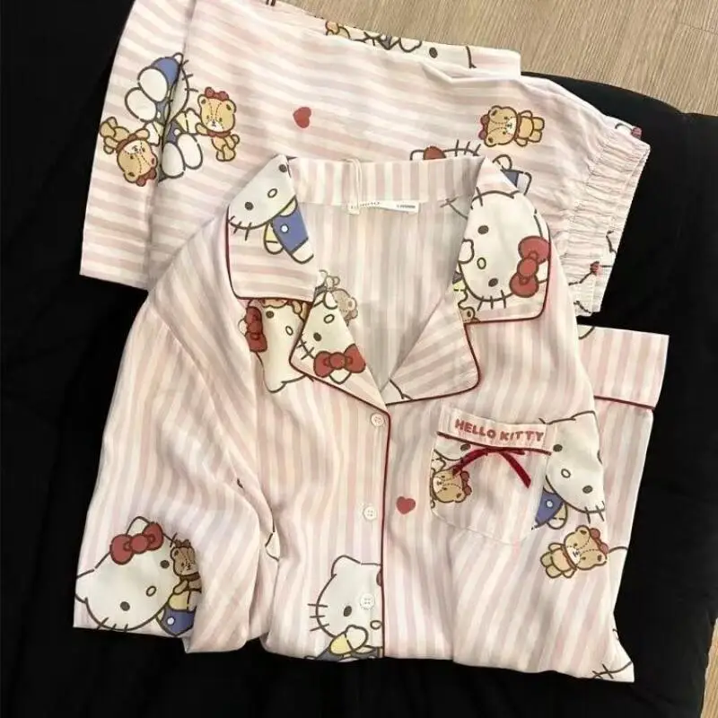 

Hello Kitty Sleeping Shirt for Women Long Sleeve Sleeve Sleepwear Summer Nightwear Kawaii Cartoon Pyjama Loungewear Sets