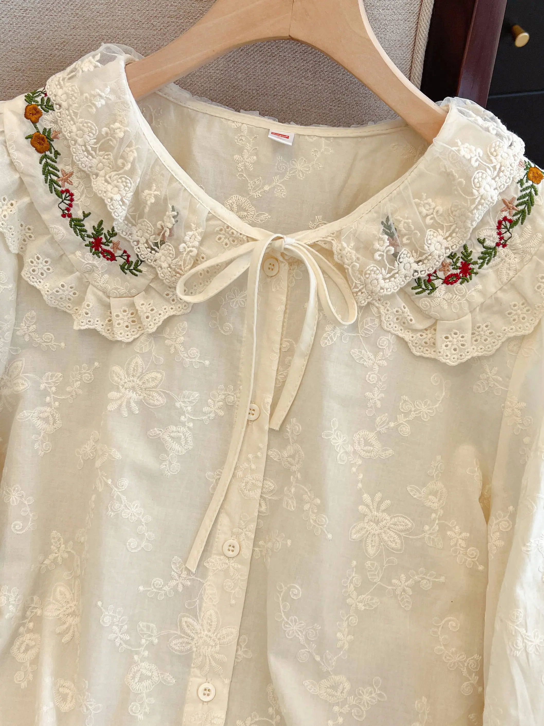 

Unique Embroidered Doll Collar irt Women's Spring Autumn New Sle Faionable Youthful Long Sve Top Versatile Cotton Blend