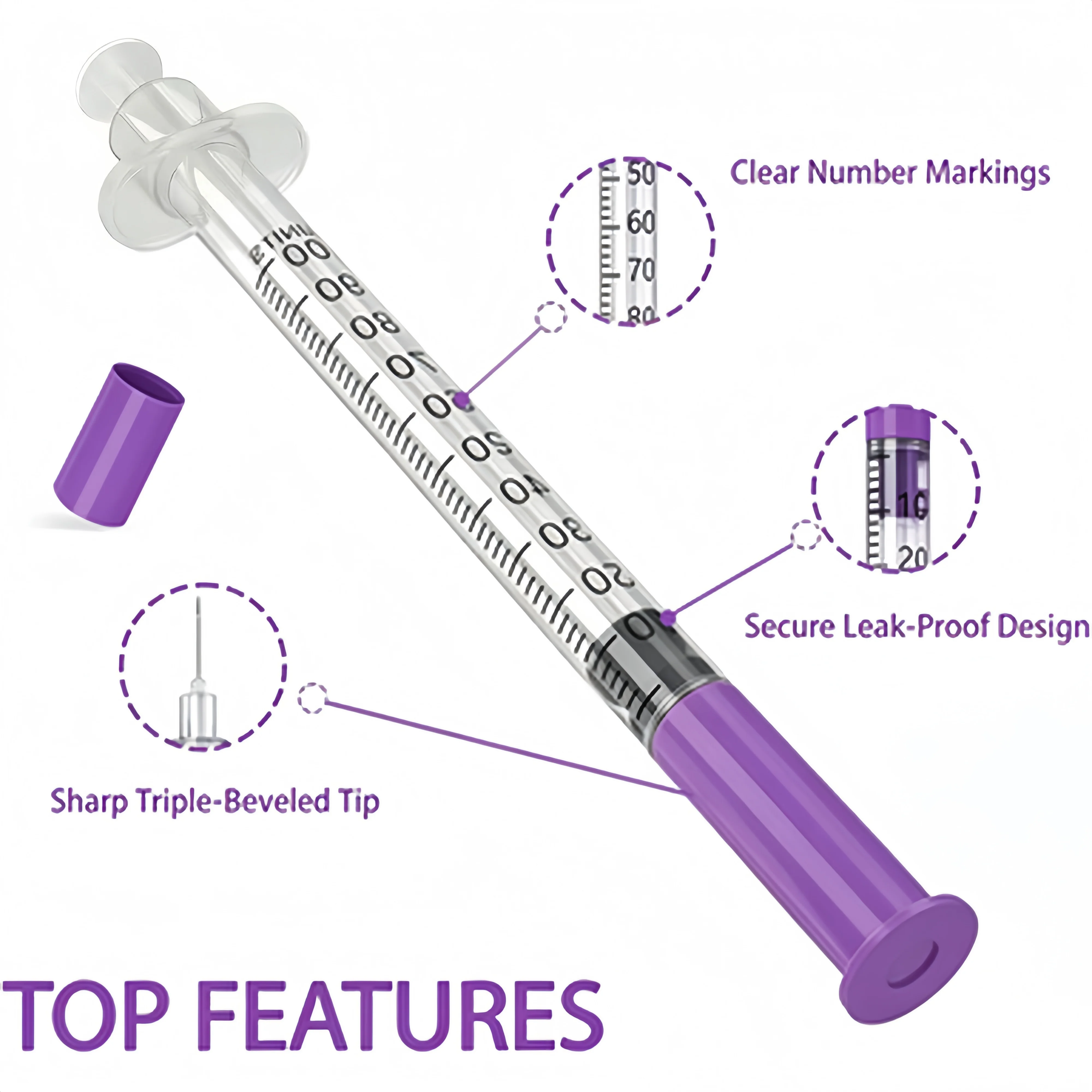 1ml 31g (6mm) Disposable Purple Plastic Veterinary Syringe, Sterile Insulin Syringe with Purple Cap and Needle, Suitable for Pets, Farm Animals, and Laboratory Use. image 4