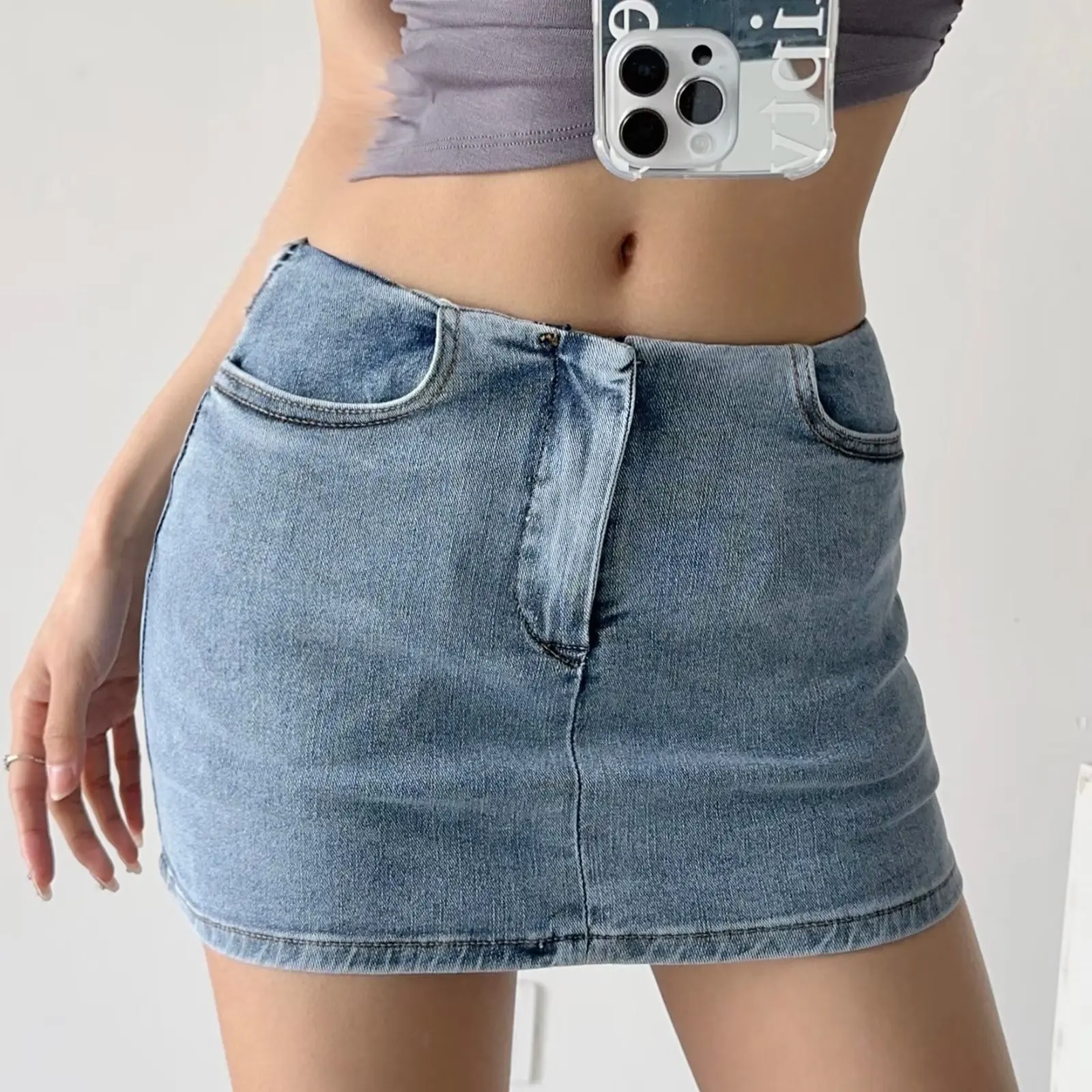 Spicy Girl Waistless Head Denim Unif Skirt Women's Low Waist Elastic A-line Half Length Skirt Streetwear Mini  V372