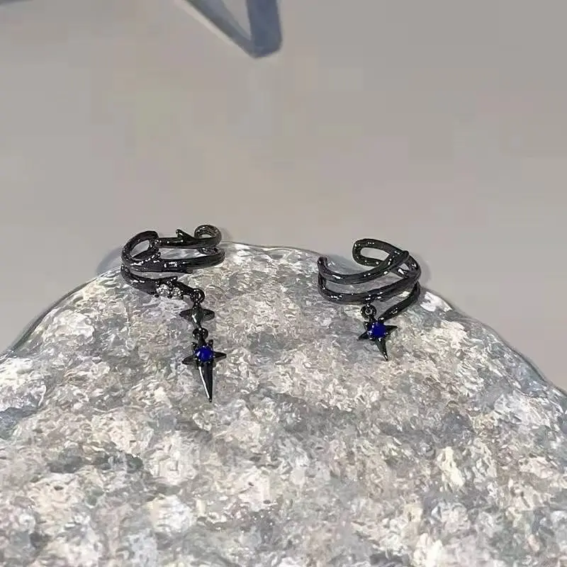 Fake Piercing Asymmetry Ear Cuff For Women Retro Punk Goth Black Gold Color Blue Zircon Hanging Earbone Clip Earrings  EF186-1
