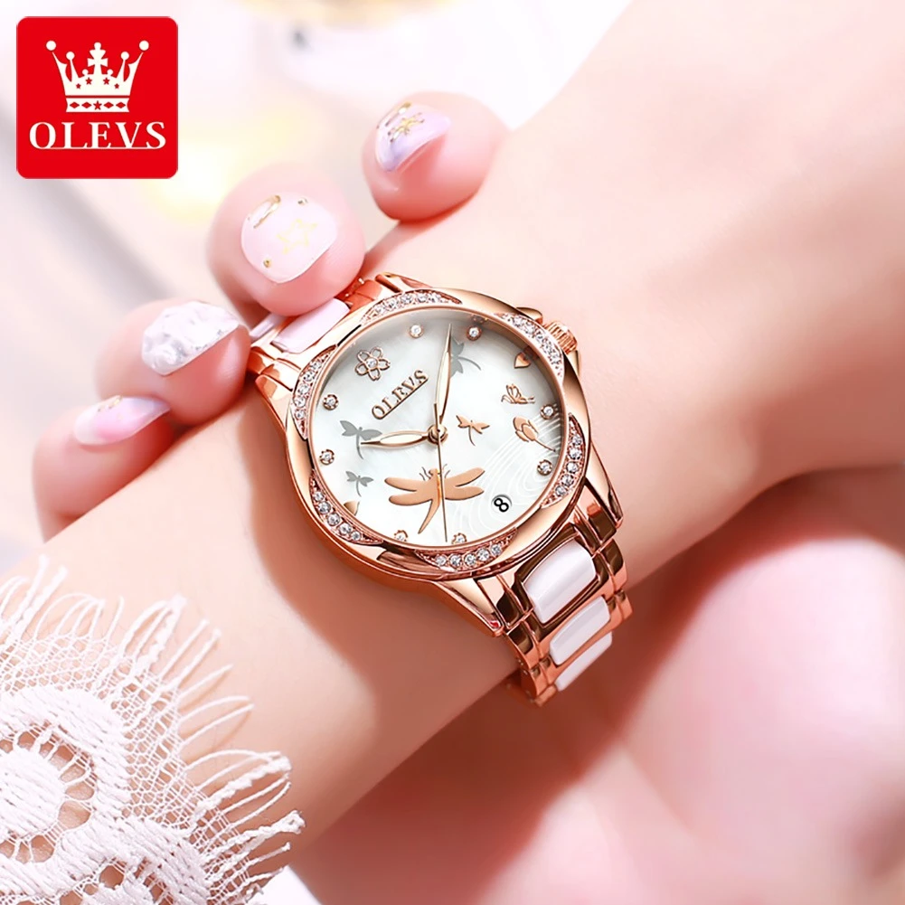 OLEVS 6610 Fashion Mechanical Watch Gift Round-dial Ceramic Watchband Wristwatch Calendar Luminous