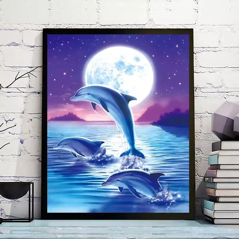 

Handmade cross stitch finished dolphin living room under moonlight, small bedroom, dining room, children's room cartoon