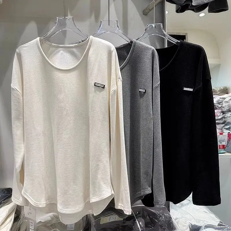 

Утолщенная женская футболка с длинными рукавами и U-образным вырезом, осенью и зимой, свободная утягивающая рубашка, топ