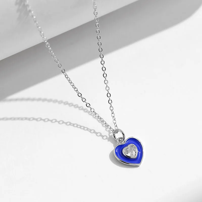 925 Sterling Silver Klein Blue Drip Glue Heart Necklace Enamelled Evil Eyes Pendant Clavicle Chain Fashion Retro Women's Jewelry