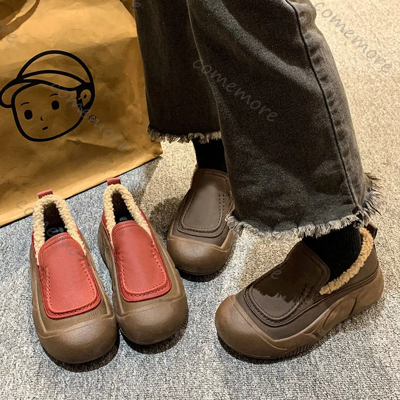 

Comemore, женская зимняя плюшевая теплая хлопковая обувь, повседневные однотонные ботинки без шнуровки на плоской подошве, женские повседневные пушистые кроссовки на толстой подошве