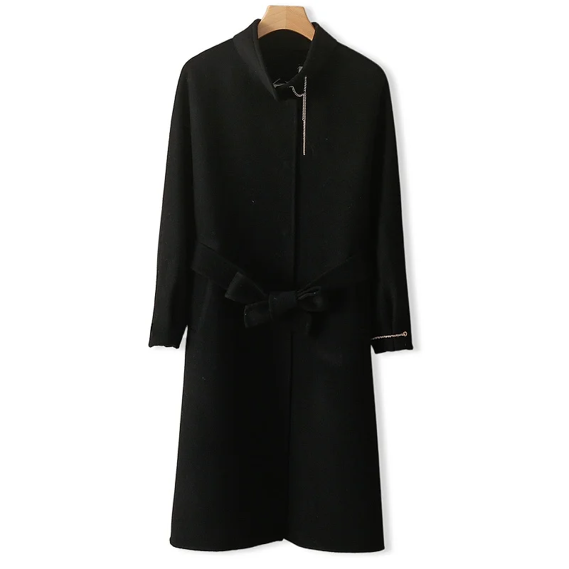 

Зимнее модное шерстяное пальто с металлической цепочкой, двустороннее, женское, в уличном стиле, с воротником-стойкой, длинными рукавами, средней длины, прямого кроя