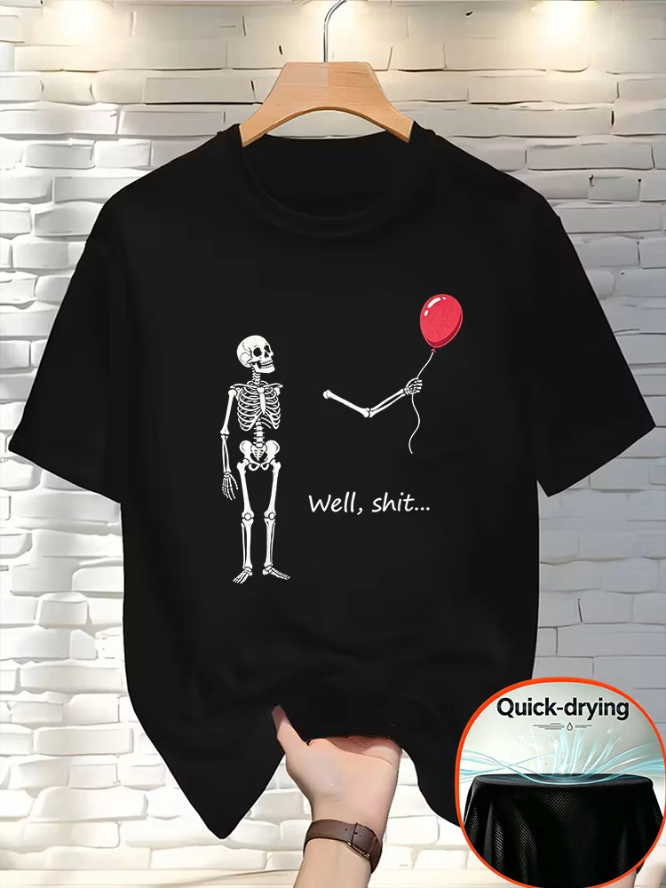 Men Funny Skeleton Skull Balloon Graphic Tee Quick Dry Polyester Short Sleeve Crew Neck Casual Gothic Streetwear T-Shirt-T122