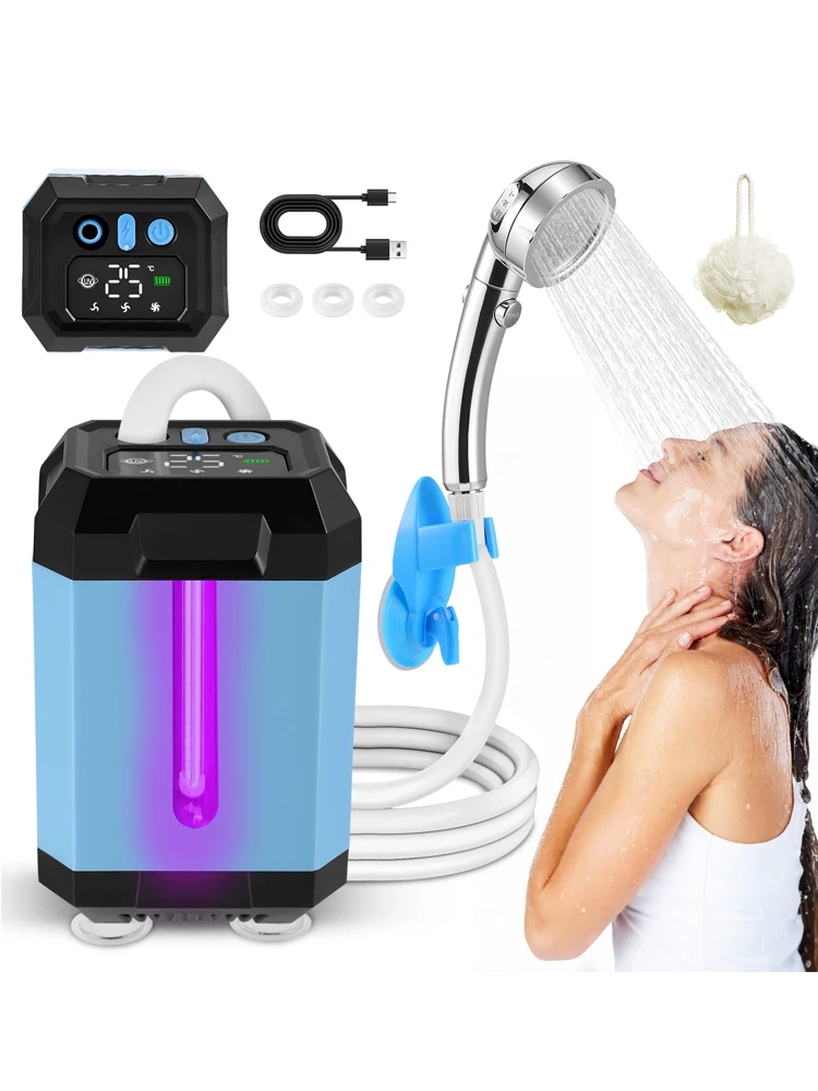 Tragbare Dusche für Outdoor-Camping mit Wiederaufladbarer 6000mAh Batterie, Temperaturanzeige für Camping, Autowäsche und Tierbäder
