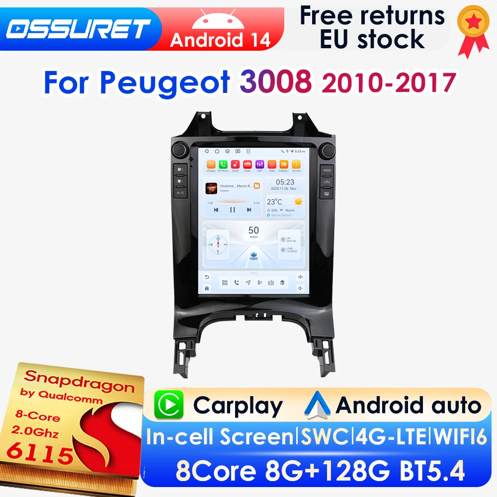 Autoradio Android 14 à écran vertical 2Din 9,7 pouces pour Peugeot 3008 MPV 2010 - 2017, lecteur multimédia GPS pour voiture, Carplay sans fil, Android Auto, 4G, DSP, BT, Mirror Link, SWC, caméra 360,