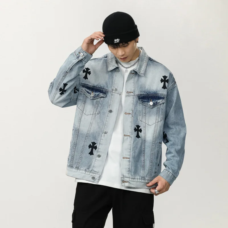 

Streetwear Men's Denim Jacket Coat Washed Make Old Cross Print Casual Cargo Jackets Lapel Single Breasted Denim Coat Cowboy Wear