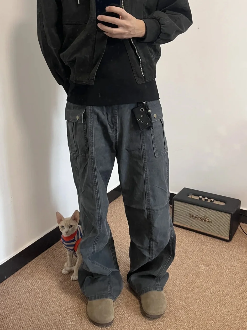 Retro American High Street Multi-Pocket Pleated Workwear Jeans Men's Women's Cleanfit Straight Loose Casual Long Trousers