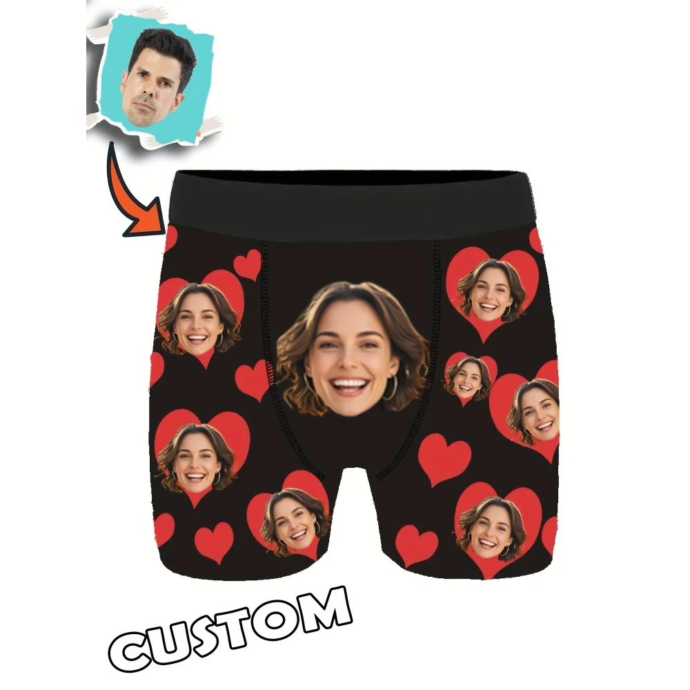 Custom Photo Men Boxer Briefs, Personalized Face Print Underwear, Funny Customized Picture Shorts Gift for Valentine Anniversary view 3