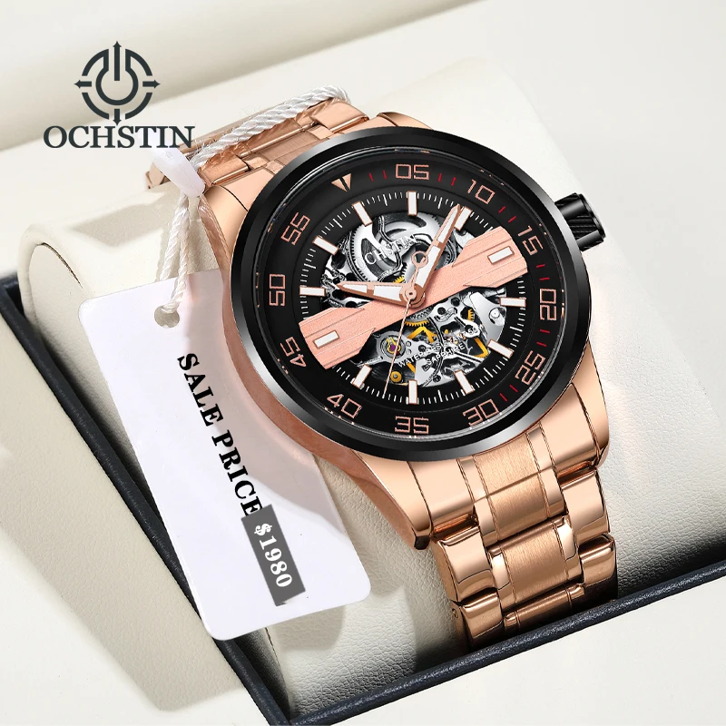 OCHSTIN Stainless Steel Waterproof Mens Skeleton Watches Top Brand Luxury Transparent Mechanical Sport Male Wrist Watches