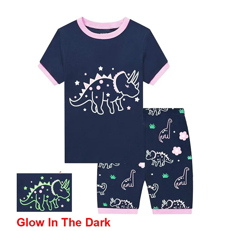 Little Hand Toddler Girls Pyjamas Kids Soft Short Sleeve 2pcs Pjs Sets Glow InThe Dark Dinosaur Pattern Summer Loungewear for2-7