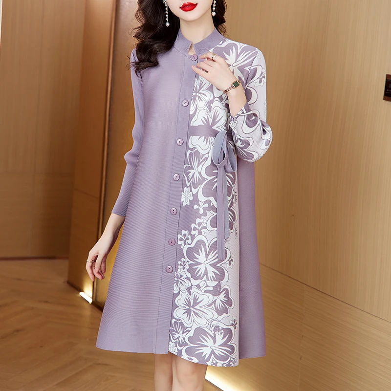 Pleated Dress 2023 Autumn New Standing Collar Printed Button Cardigan Loose Large Slim Covering Belly Fashion Dress
