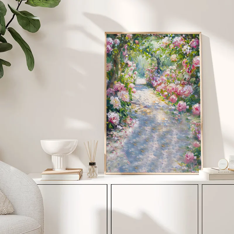 Impasto Monet Vibrant Naturalistic Scenery Vibrant Color Spring Fountain Pink Garden Poster Home Modern Wall Art Canvas Painting