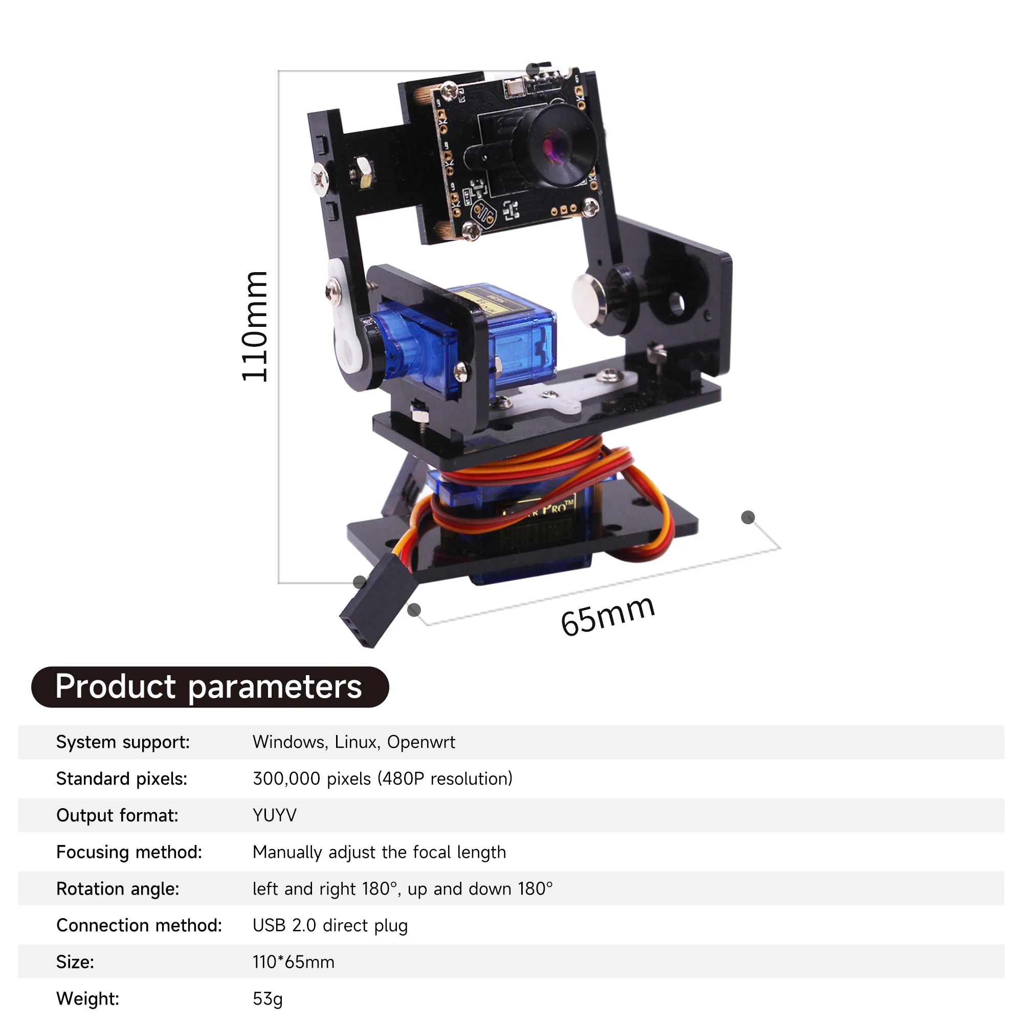 Módulo de cámara Raspberry Pi sin unidad con 2DOF SG90 Servo PTZ, soporte USB 2,0 para Raspberry Pi 4B 3B, reconocimiento Visual AI de coche